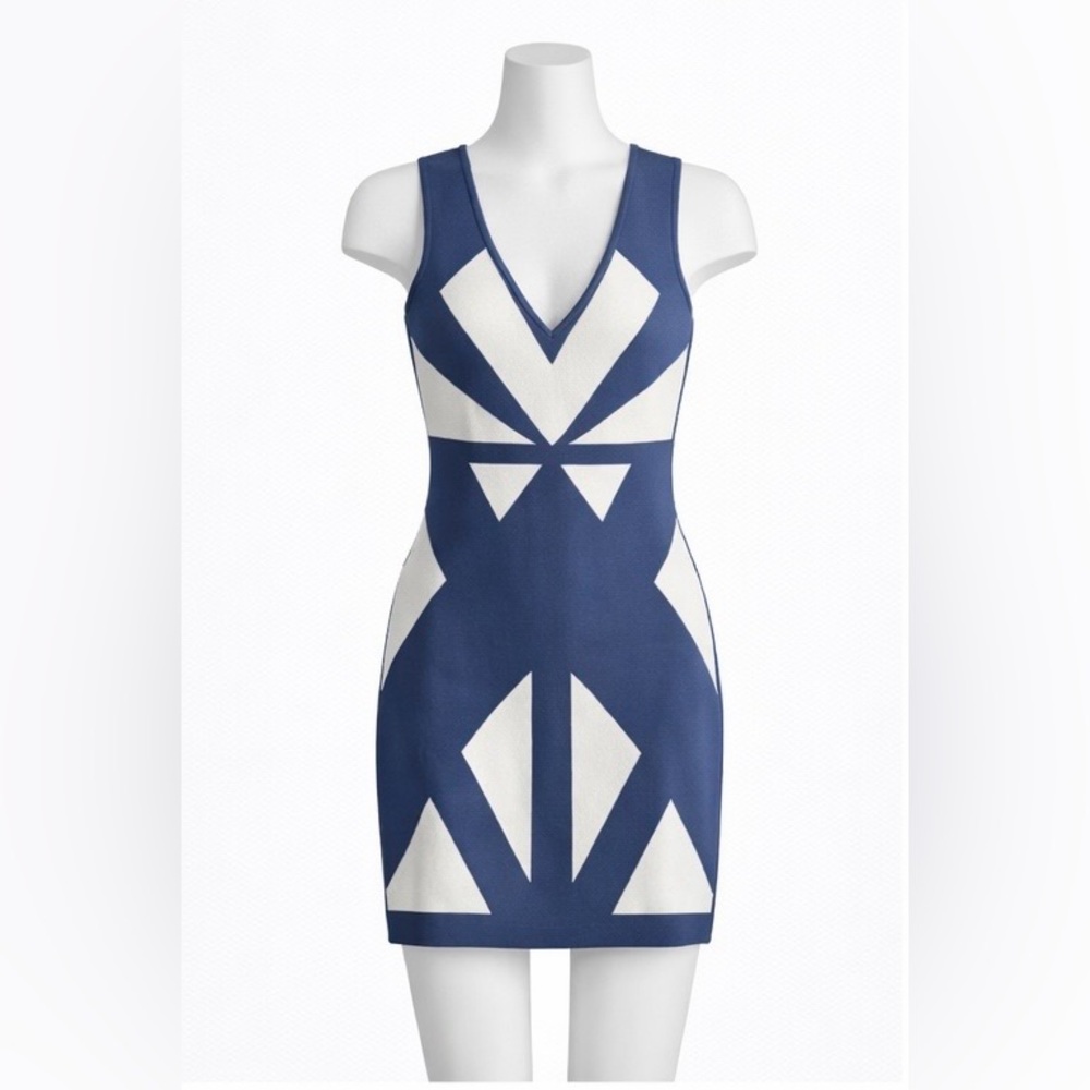 BCBGMAXAZRIA Blue & White Geometric Knit Sleeveless Dress – Size XS - NWT